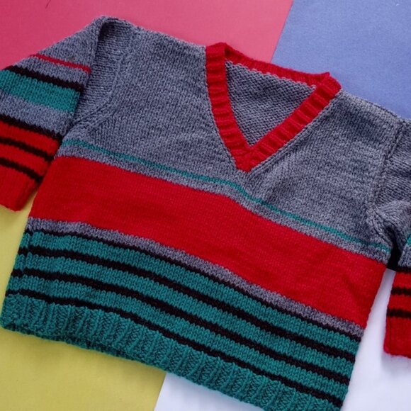 Vintage Kids Essential Knitted Striped V-Neck Sweater - Picture 3 of 6